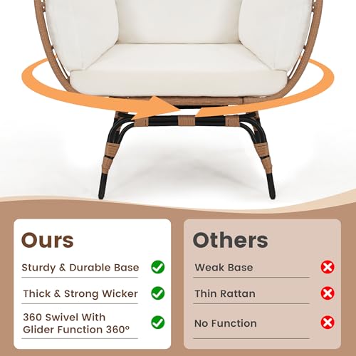 Oversized 360 Swivel Rattan Egg Chair for Adult, Indoor Outdoor Patio Large Wicker Egg Chair with Overstuffed Cushions, 440lb Weight Capacity
