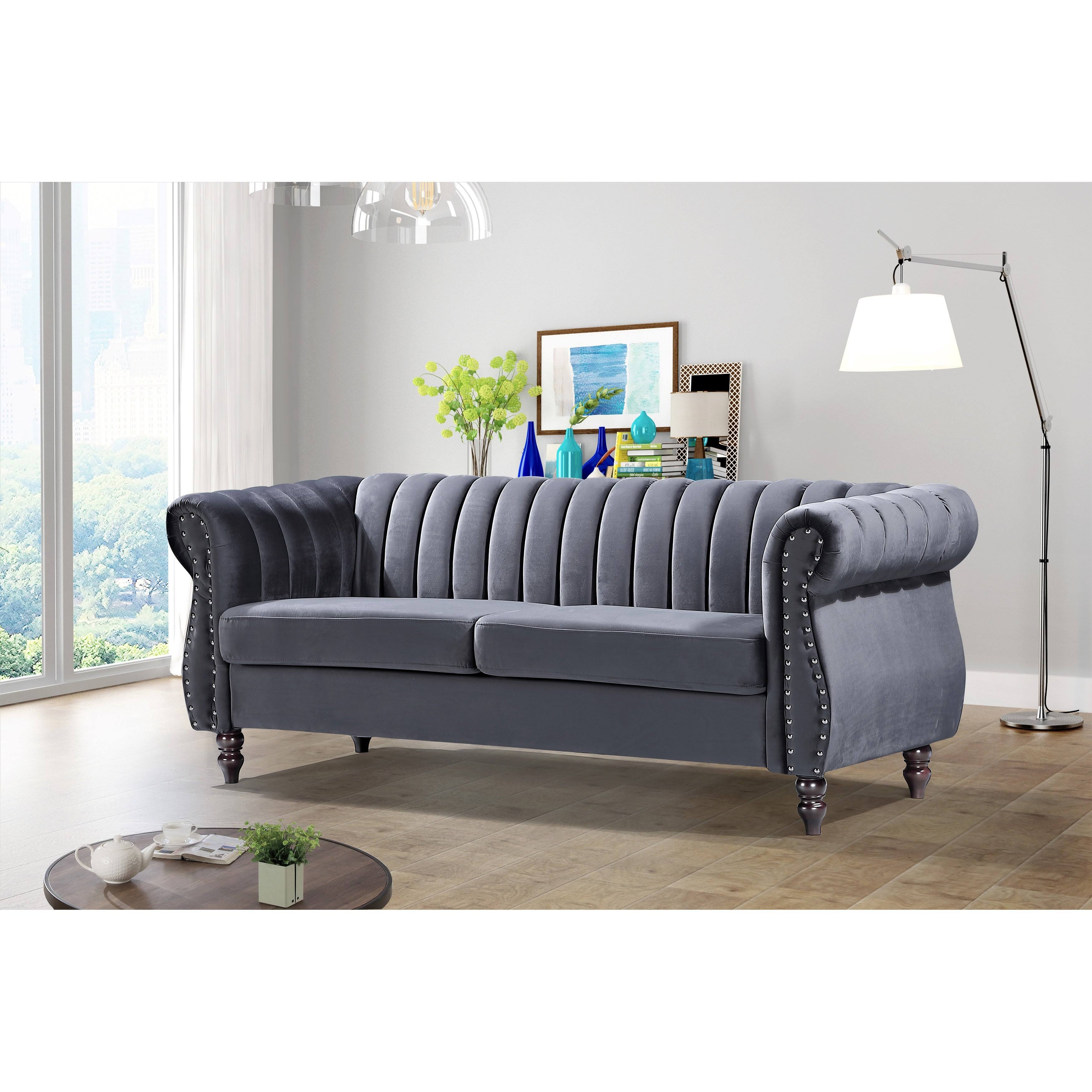 Charlot Velvet Chesterfield Rolled Arm Sofa - Dark Blue