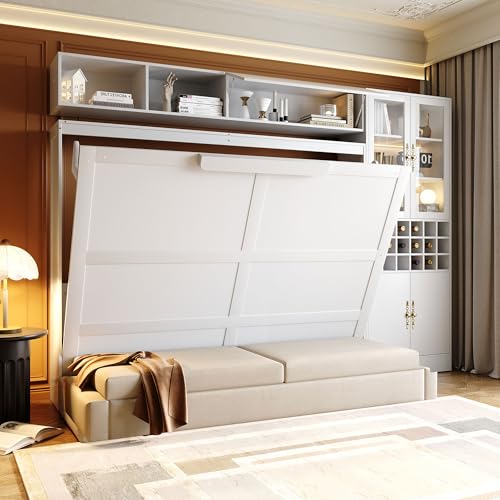 Queen Size Murphy Bed with Sofa, Shelves, USB & Light, Can be Folded Wall Bed and Tall Cabinet with Glass Doors& Wine Rack