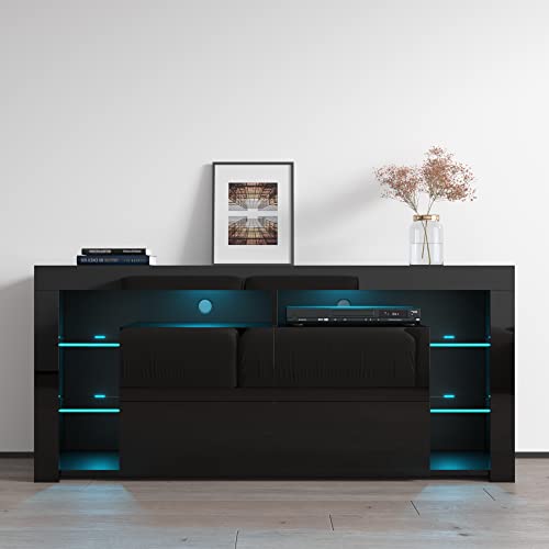 Minelli TV Stand for TVs up to 70", Modern High Gloss 61" Entertainment Center, TV Media Console with Storage Cabinets and LED Lights
