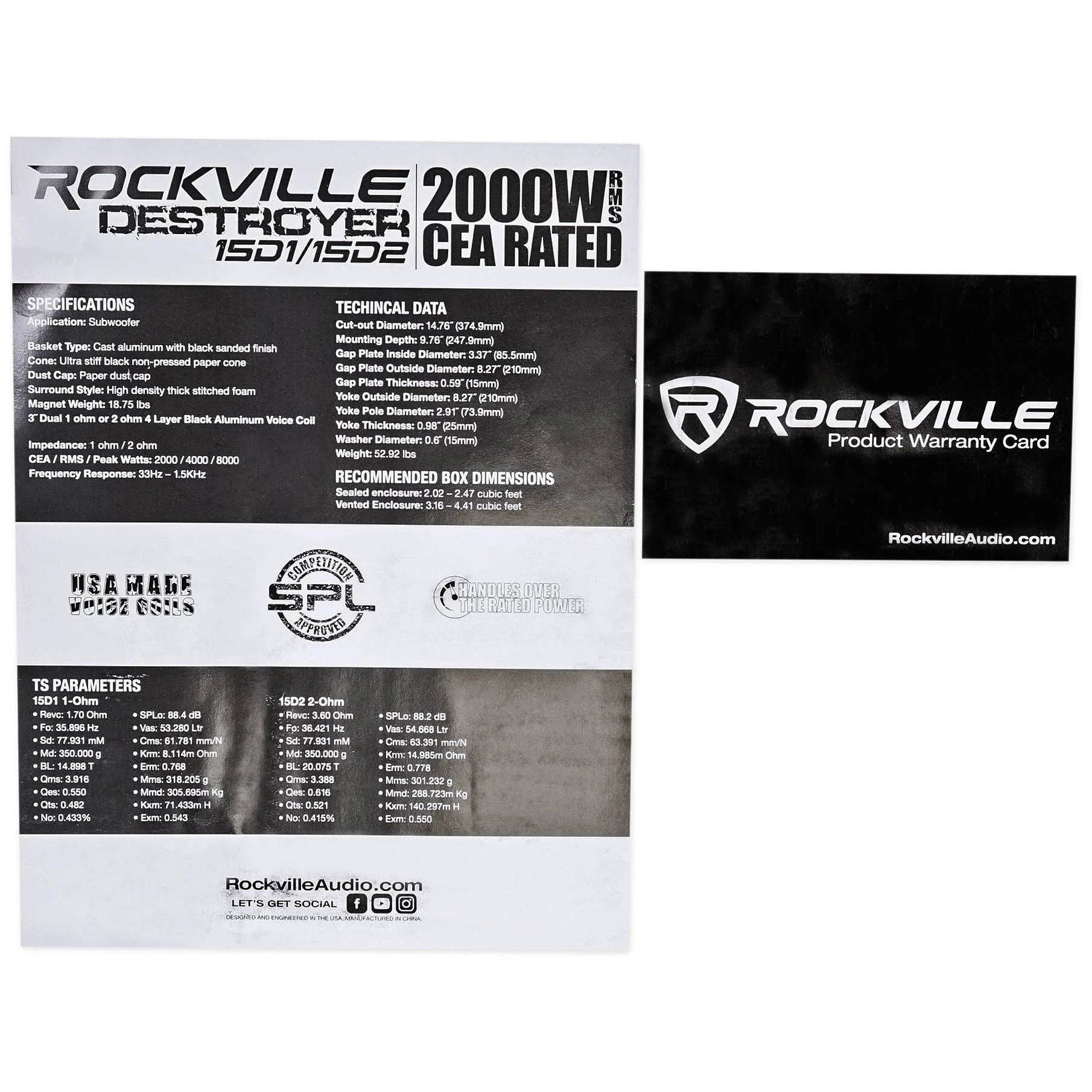 Rockville Destroyer 15D1 15x22 Competition Car Audio Subwoofer w/USA Voice Coils!