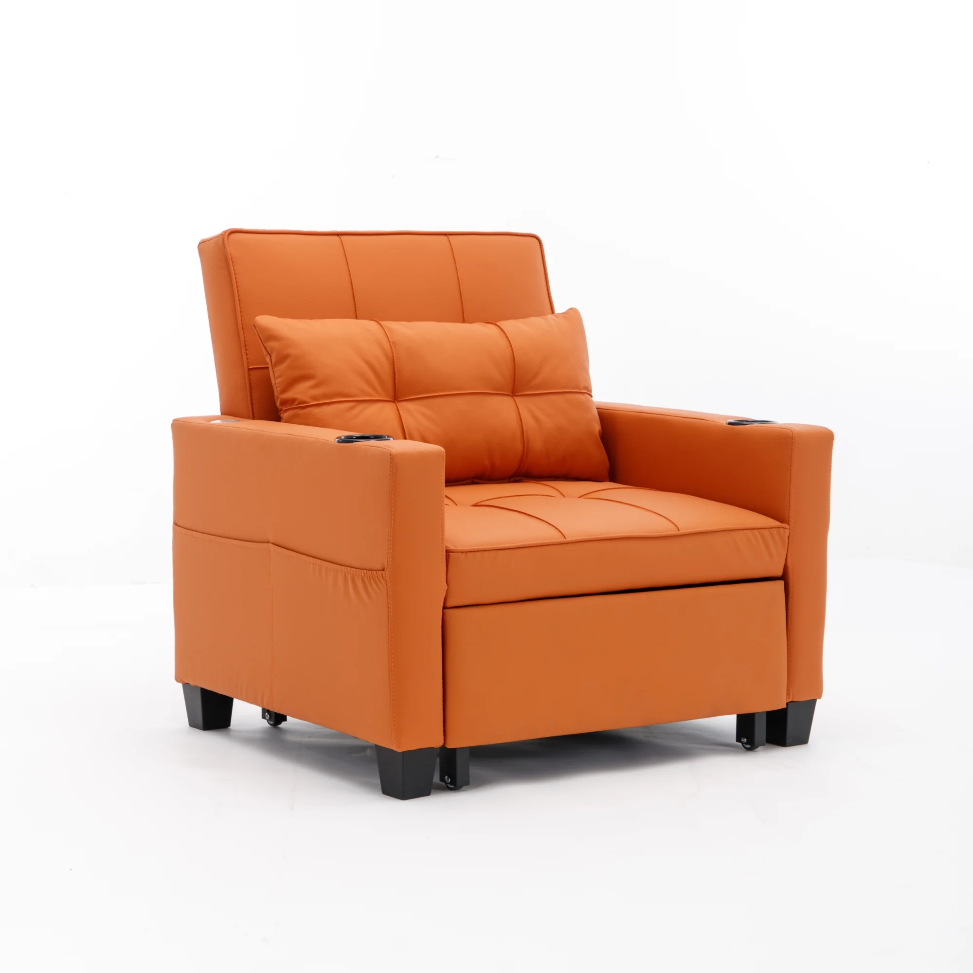 Futon Chair Bed Convertible Chair 3-in-1 Pull Out Sleeper Chair Beds with USB Ports, Armchair Bed Sleeper for Living Room (Orange Leather)
