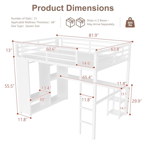 Queen Heavy Duty Metal Loft Bed with L-Shaped Desk, Wardrobe & 5 Storage Shelves – Space-Saving Design for Kids, Teens, Adults – CPC Certified