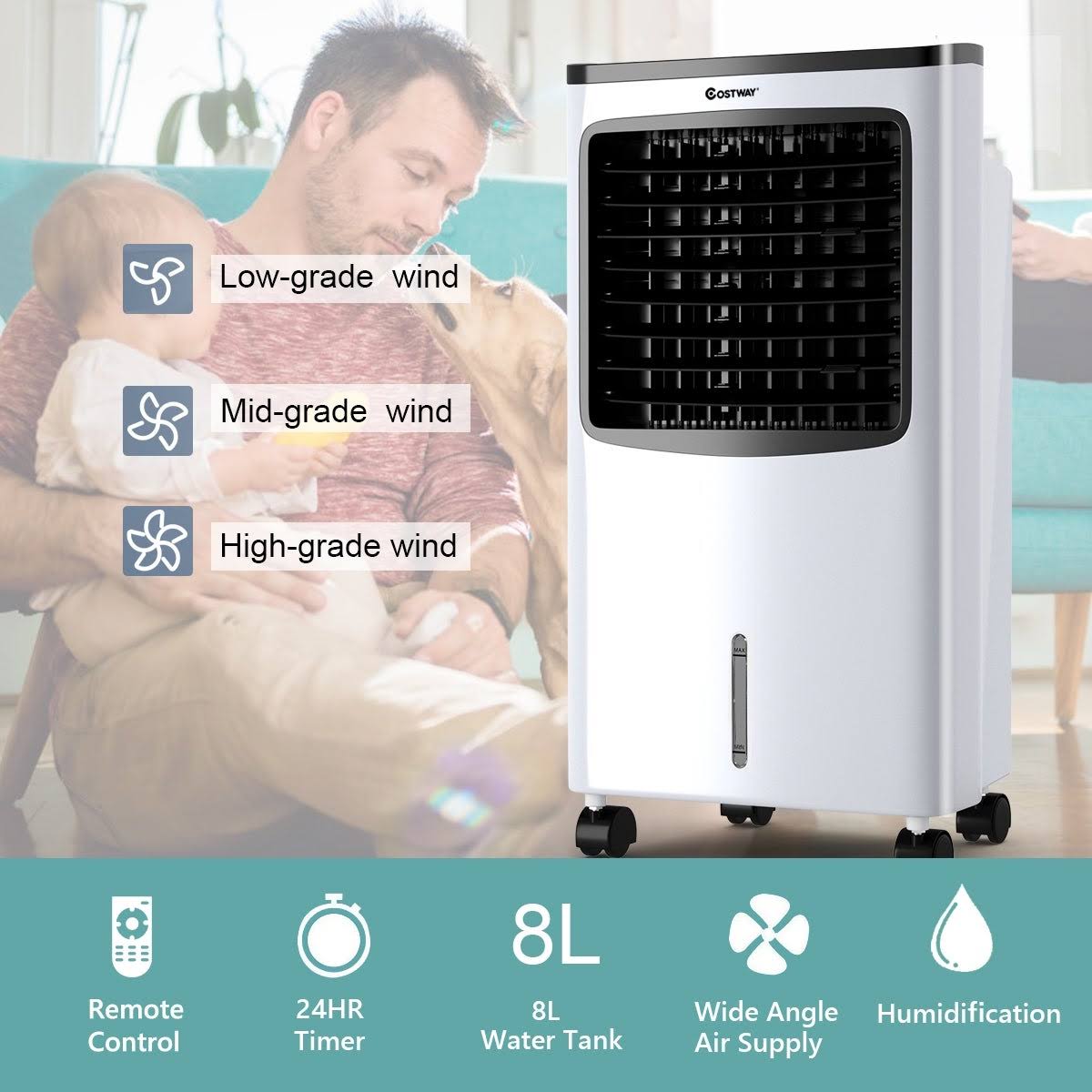 Costway Portable Cooler Fan Filter Humidify Anion w/ Remote Control - Black