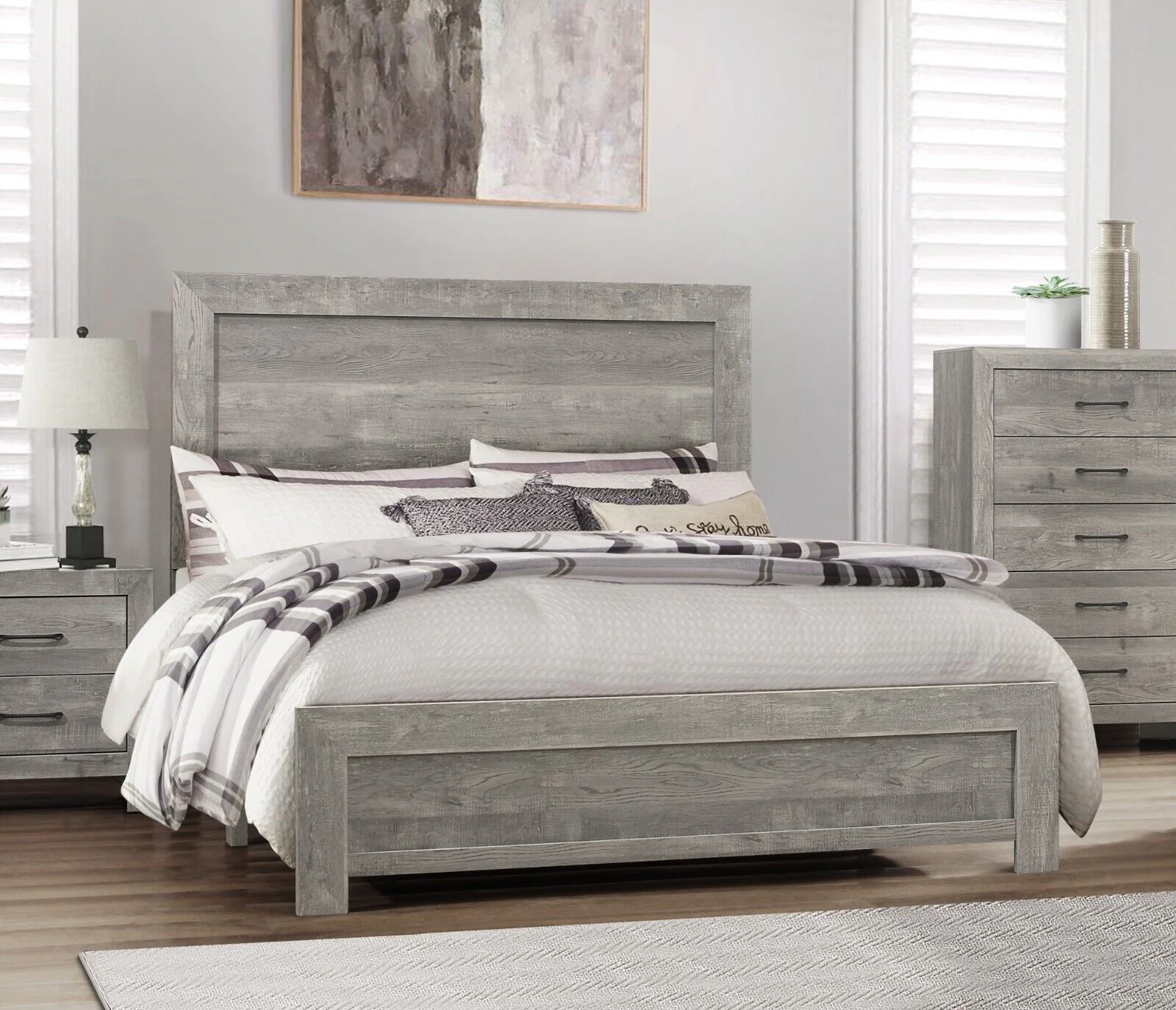 Modern 5pc Bedroom Set Queen Size Bed Dresser Nightstand Mirror Chest Transitional Gray Finish Rustic Style