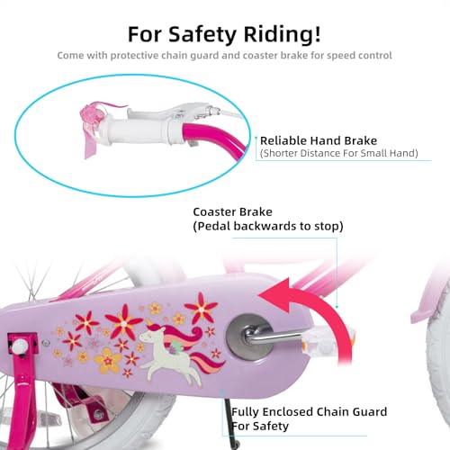 JOYSTAR Unicorn Kids Bike for Girls Ages 2-9 Years Old, 12 14 16 18 Inch Kids Bike with Training Wheels, Doll Seat, Streamers and Basket