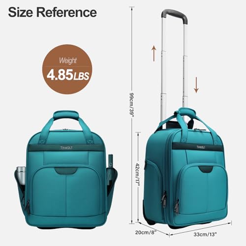 Personal Item 16-Inch Underseat Carry on Luggage With Wheels Lightweight Wheeled Underseater under seat bags for airplanes Upright 2 Wheel Teal Green