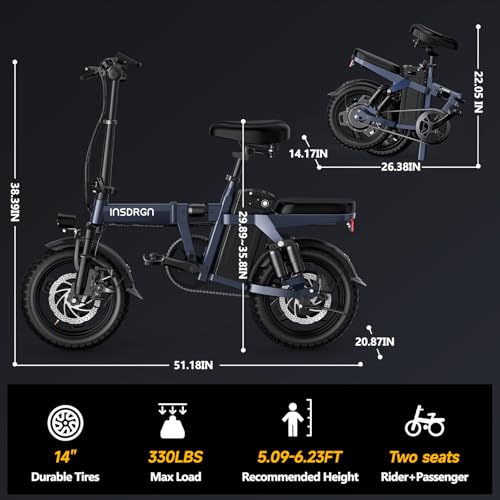 Folding Electric Bike for Adults, 20MPH Dual-Seat Ebike, MAX 45 Miles Range (PAS Mode) 499Wh Removable Battery, 9 Shocks Full Suspension, USB Charger