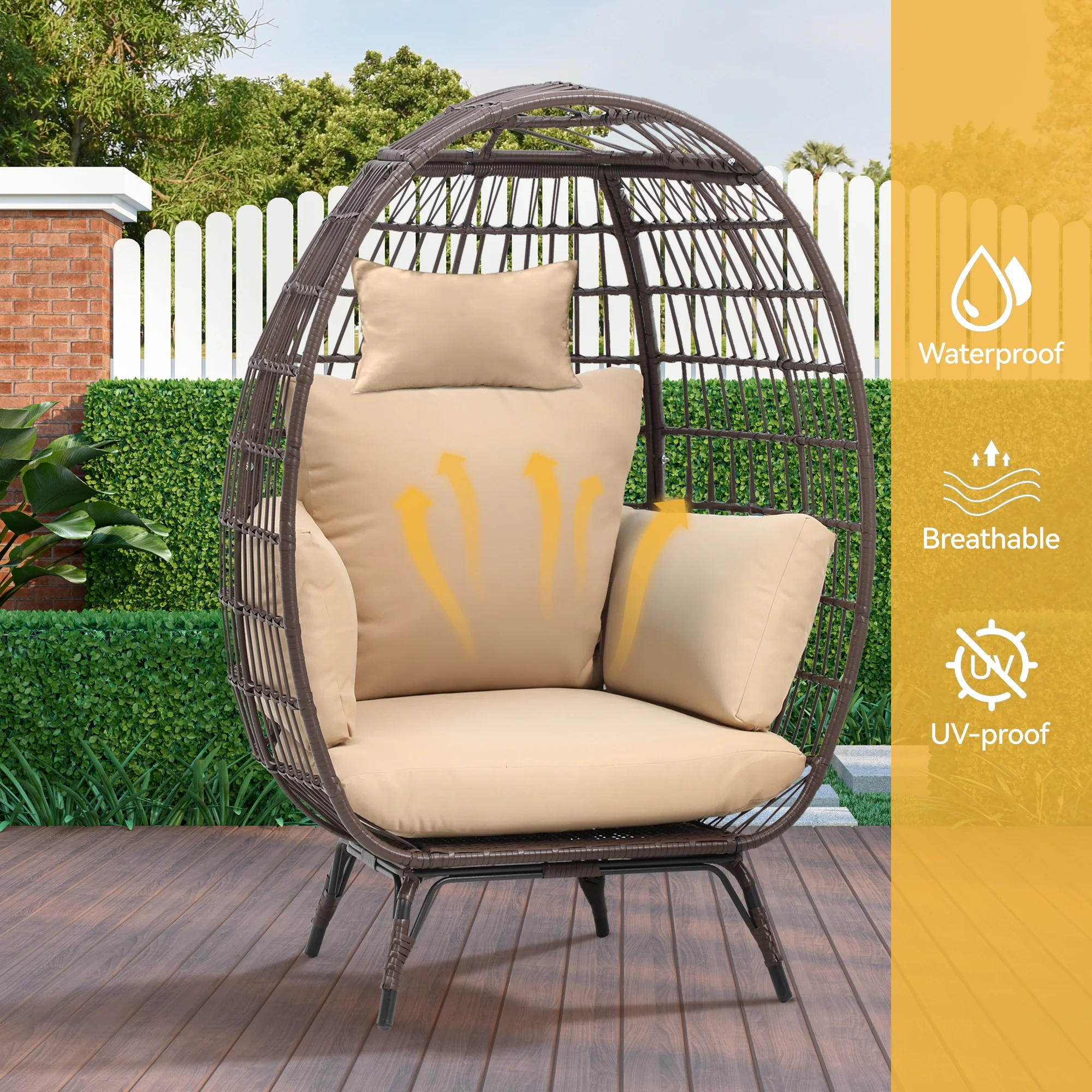 Dextrus Egg Chair Outdoor Egg Lounge Chair with Cushion Wicker Chair PE Rattan Chair for Patio, Garden, Backyard, Porch-Beige