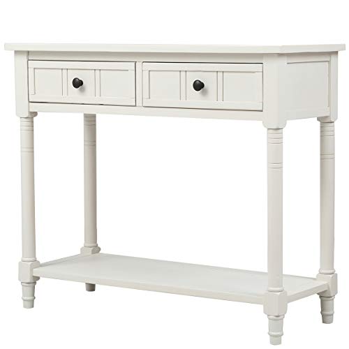 Narrow Console Table with 2 Drawers and Storage Shelf, 35.34" L Retro Sofa Table 2-Tier Wood Entryway Table with Storage for EntryWay, Hallway, Couch
