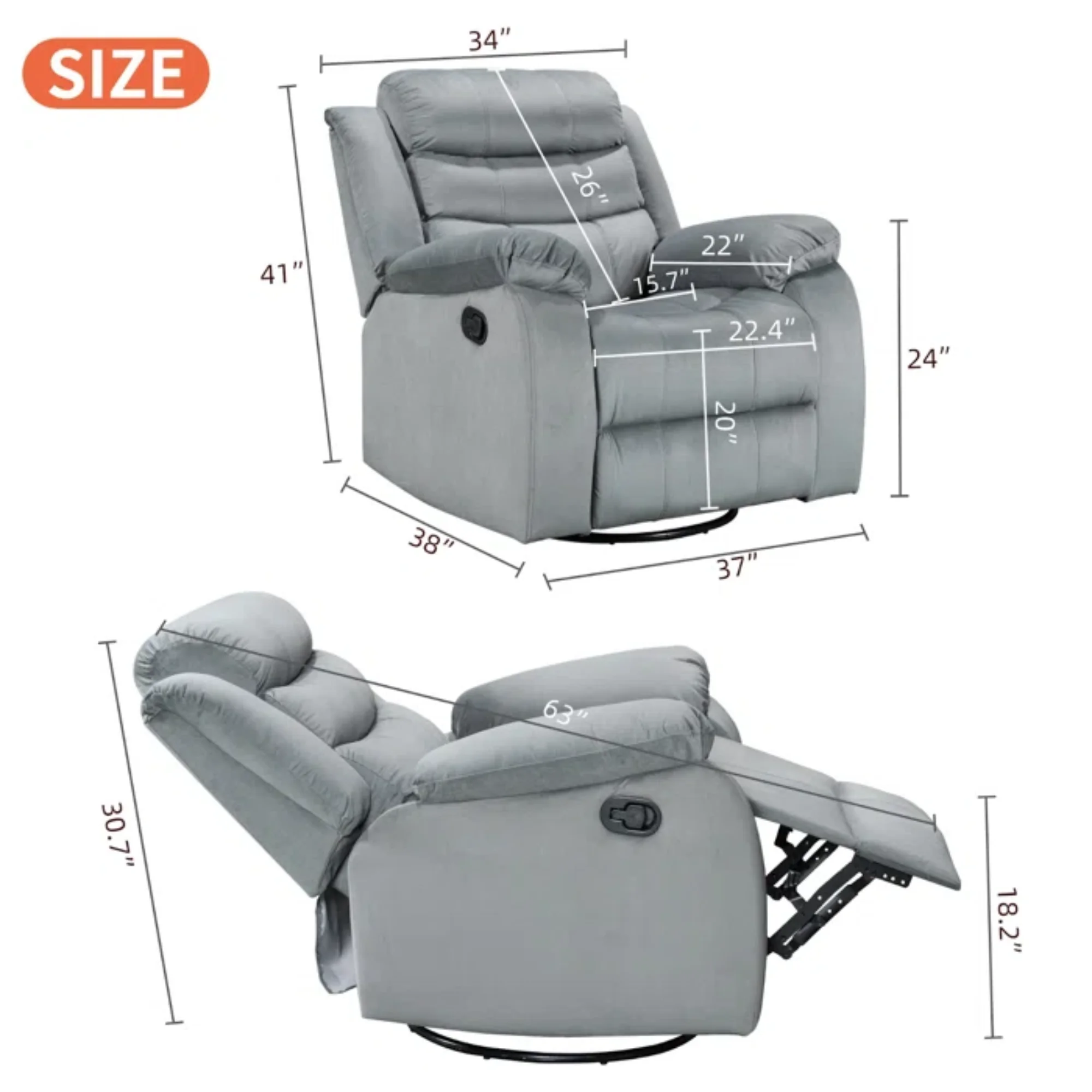 Recliner Rocking Chair With 360 Degree Swivel Ergonomic Lounge Rock Chair Classic Single Sofa Living Room Chair Home Theater Seat in Gray Valvet Color