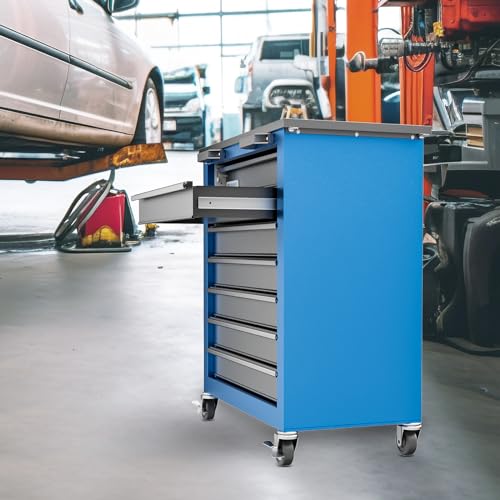 7-Drawer Rolling Toolbox,Tool Box with 360° Lockable Wheels and Padded Feet,Tool Chest with Keyed Locking System and Drawer Liners