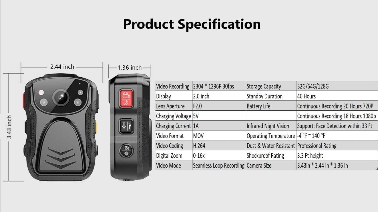 PatrolMaster 1296P UHD Body Camera with Audio (Build-in 128GB), 2 Inch Display, Night Vision, Waterproof, Shockproof