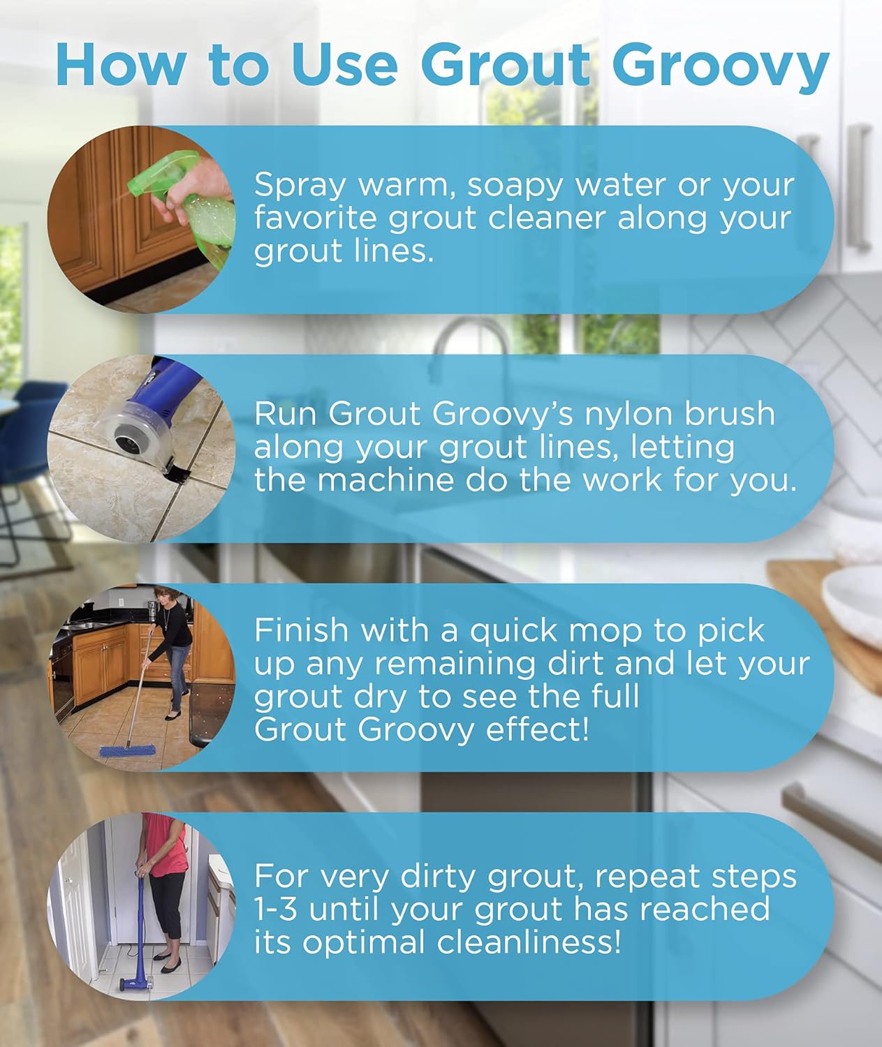 Grout Groovy Electric Stand Up Tile Grout Cleaner, Lightweight Machine Safely Cleans Grout Between Floor Tiles, Includes Brush Wheel, 20&rsquo; Cord
