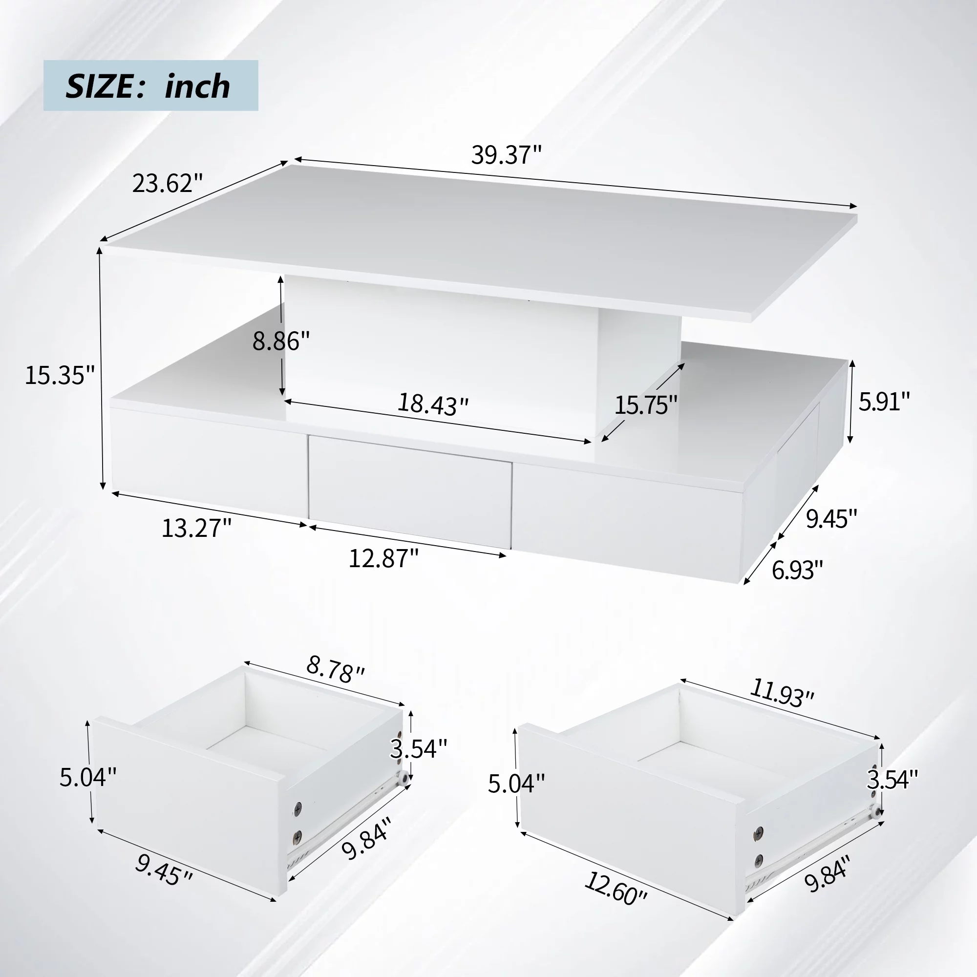 HSUNNS White LED Coffee Table for Living Room, Modern High Glossy Center Table with 4 Drawers, Smart Cocktail Table Rectangle
