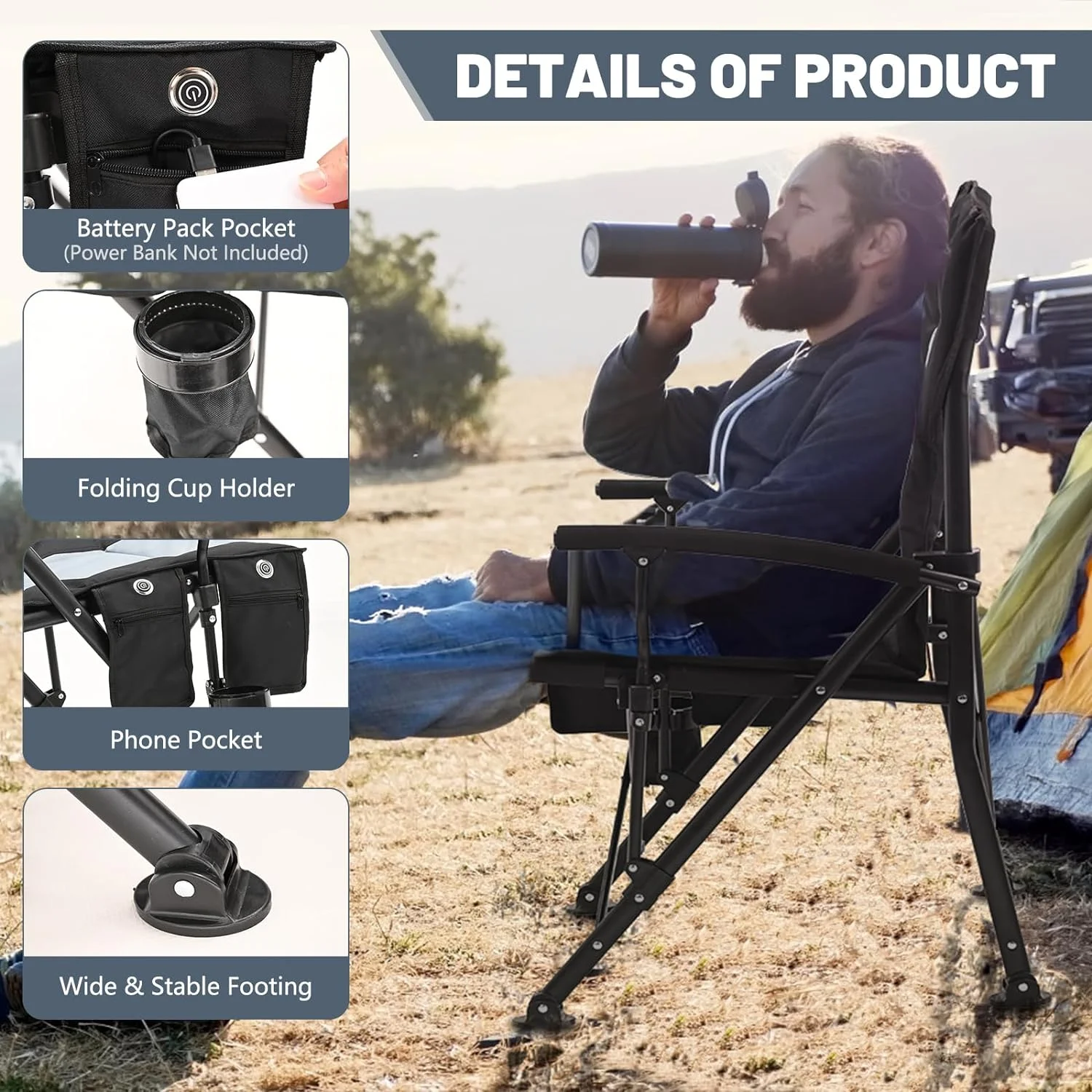 ABORON Heated Camping Chairs, Fully Padded Heavy Duty Folding Chairs for Outside, Supports 400 lbs, Portable Outdoor Camp Chairs for Sport Events