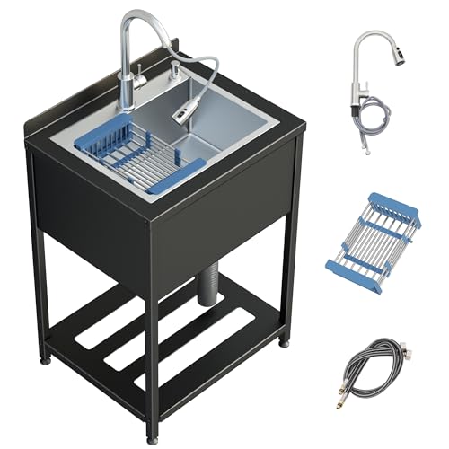 Stainless Steel Utility Sink, 36.6" × 24.2" × 36.6"Freestanding Sink with Cold and Hot Water Faucet,Hoses and Drain Kit for Kitchens, Bathrooms