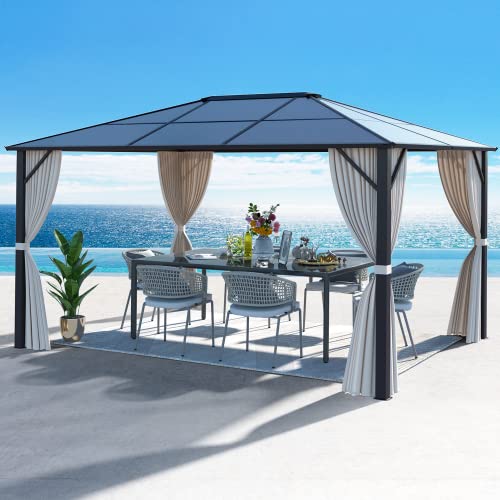 MELLCOM 10'x13' Hardtop Gazebo with Polycarbonate Double Roof, Aluminum Frame Outdoor Gazebo Permanent Pavilion with Curtains and Netting for Patio