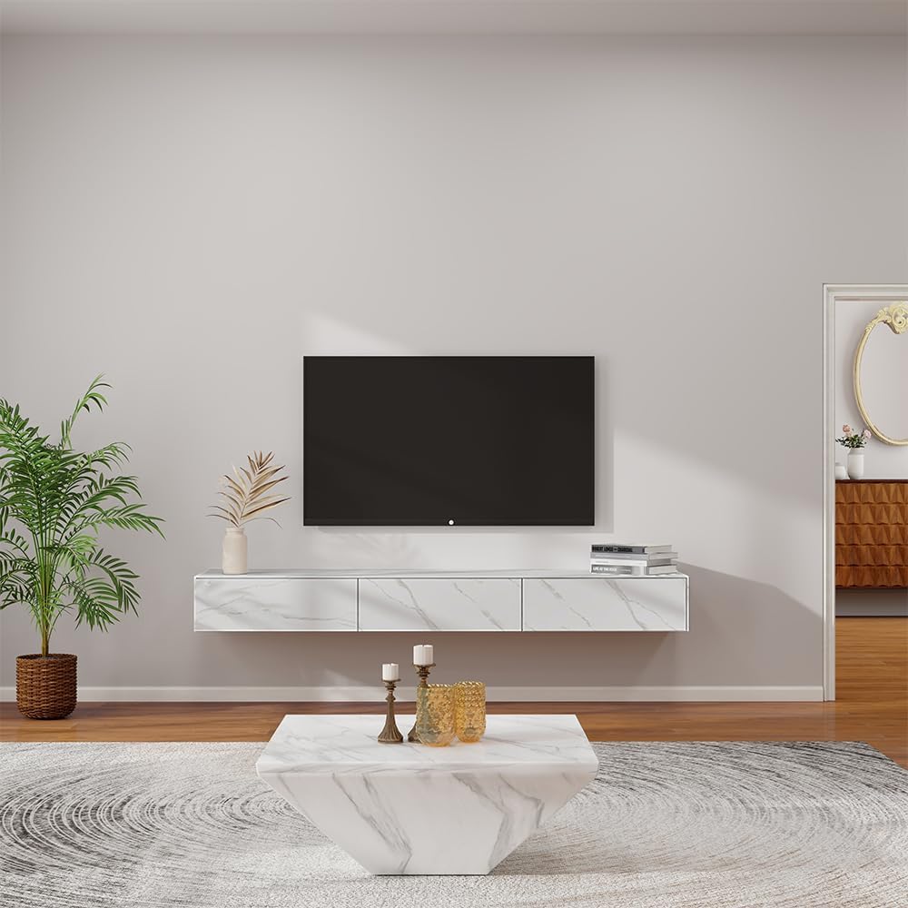 POVISON Floating TV Stand, 70.87 inch White Modern TV Stand with 3 Drawers,Sintered Stone Floating Entertainment Center, Minimalist TV Stand