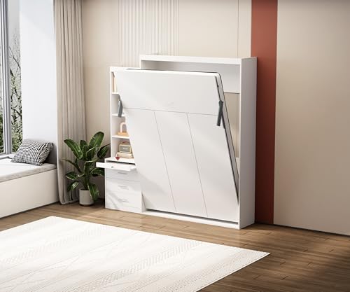 Full Size Murphy Bed with Drawers, Cabinets and USB Ports,Wood Murphy Bed Cabinet Bed Removable Shelves