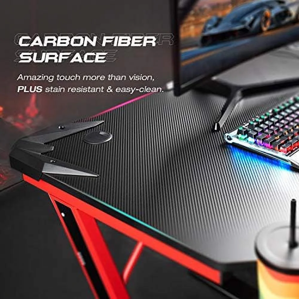 CGFHYP Gaming Desk  Computer Desk with Carbon Fiber Surface  Gaming Table Z Shaped PC Gaming Workstation Home Office Desks with Cup Holder and