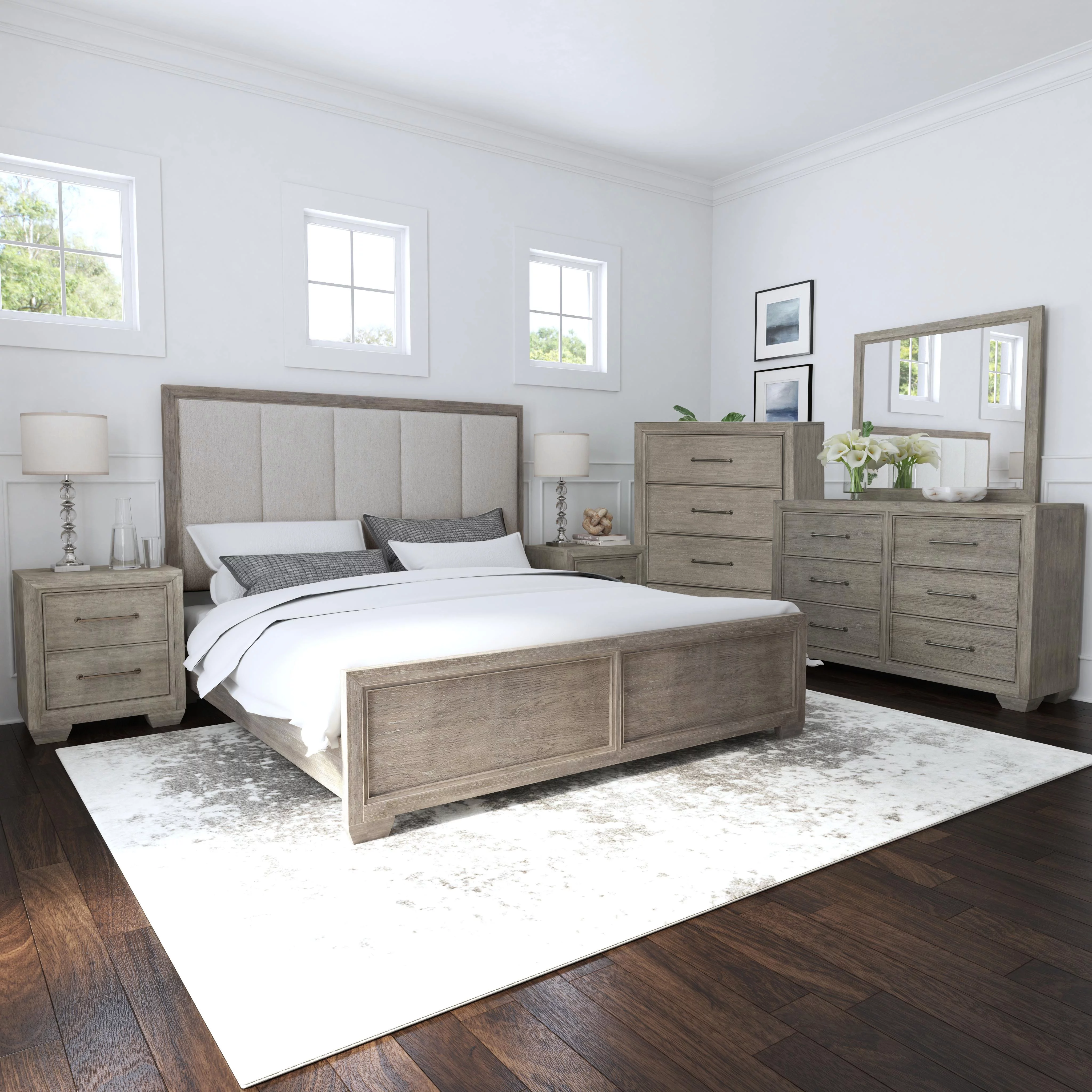 Ennesley Gray Wood Bedroom Set with Upholstered Panel Queen Bed, Dresser, Mirror, 2 Nightstand, and Chest