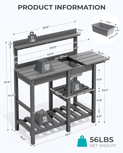 SERWALL Potting Bench Outdoor Potting Table with Sink, HDPE Potting Benches for Outside Gardening Table All Weather Use- Black