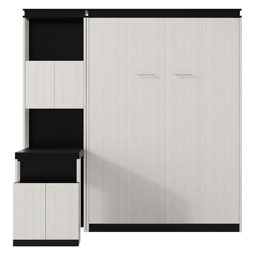 Queen Size Murphy Bed Wall Cabinet with 2 Wardrobe and Storage Shelf, Wooden Murphy Cube Wall Bed