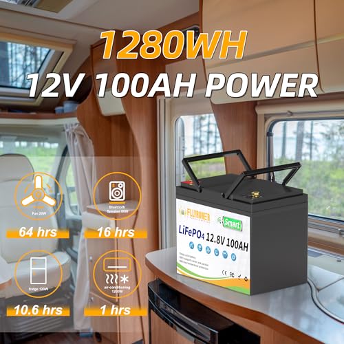 FLLYROWER 12V Lithium Battery 100AH With BMS and 16500 Deep Cycles 12V 100AH Lifepo4 Battery Grade A Cells for Marine Trolling Motor RV camping Solar