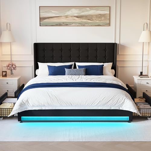 Queen Size LED Bed Frame with 4 Storage Drawers and Tufted Headboard Velvet Upholstered Platform Bed Frame Wingback Beds with Heavy Duty Wood Slats