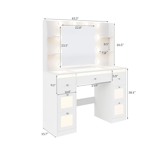 Makeup Vanity with Lights 3 Colors, Glass Top Vanity Desk with 7 Lighted Drawers, 4 Shelves, Power Outlet, Makeup Desk with Mirror for Bedroom