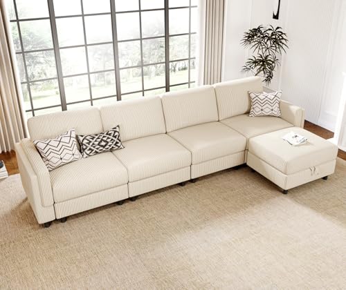 KKL Modular Sectional Sofa Bed with Storage Ottoman, Convertible L/U-Shaped Sleeper Couch for Living Room, Modern Reversible Design, Beige