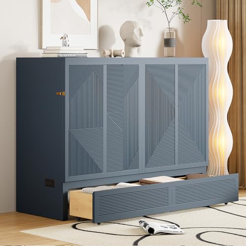 Merax Full Size Murphy Bed Cabinet with USB Charging Station and Large Storage Drawer, Foldable Pull Out Murphy Chest Bed for Apartments, Bedrooms