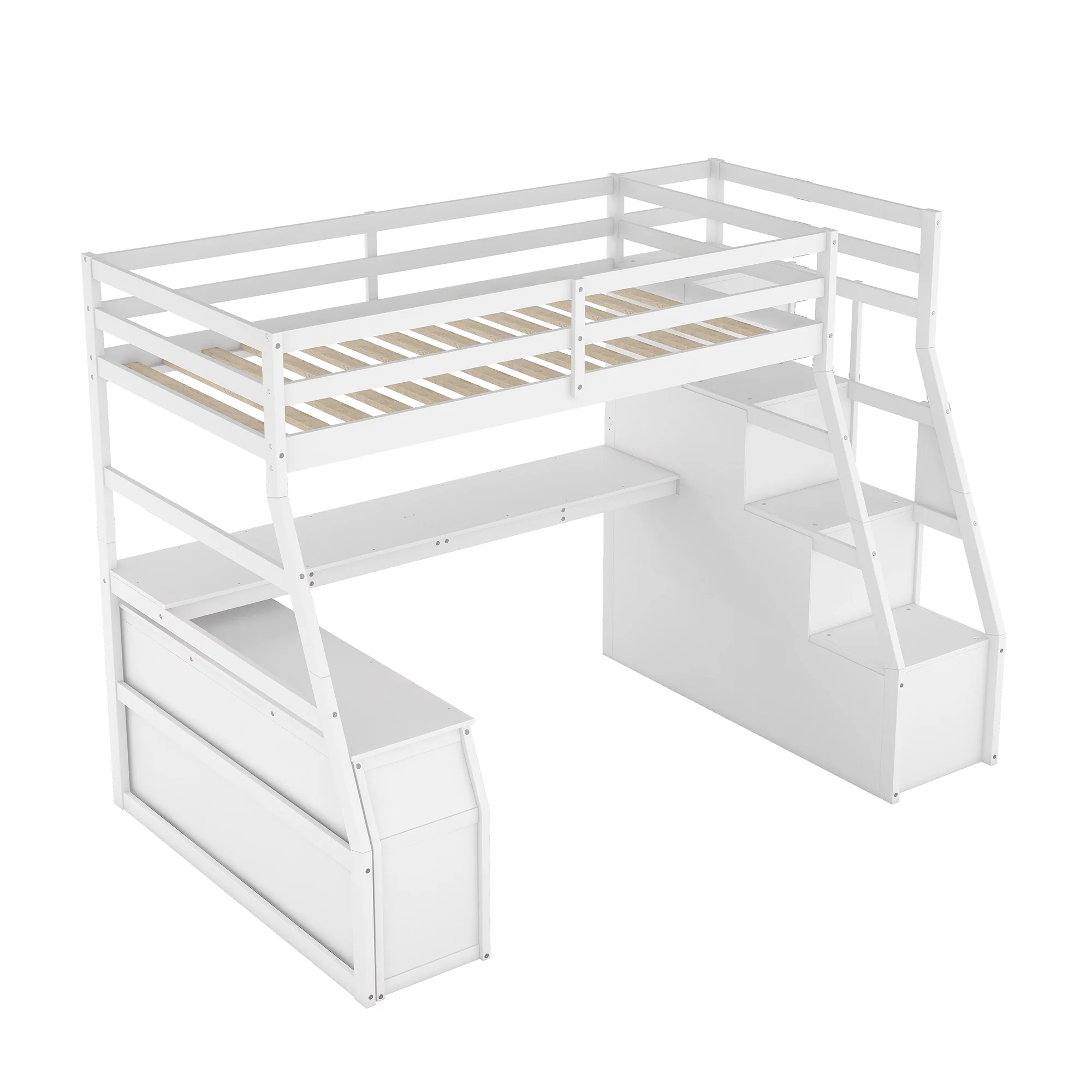 Twin Size Loft Bed Frame with 7 Drawers 2 Shelves and Desk, Health and Comfort Storage Shelves and Writing Desk, Wooden Loft Beds with Stairway