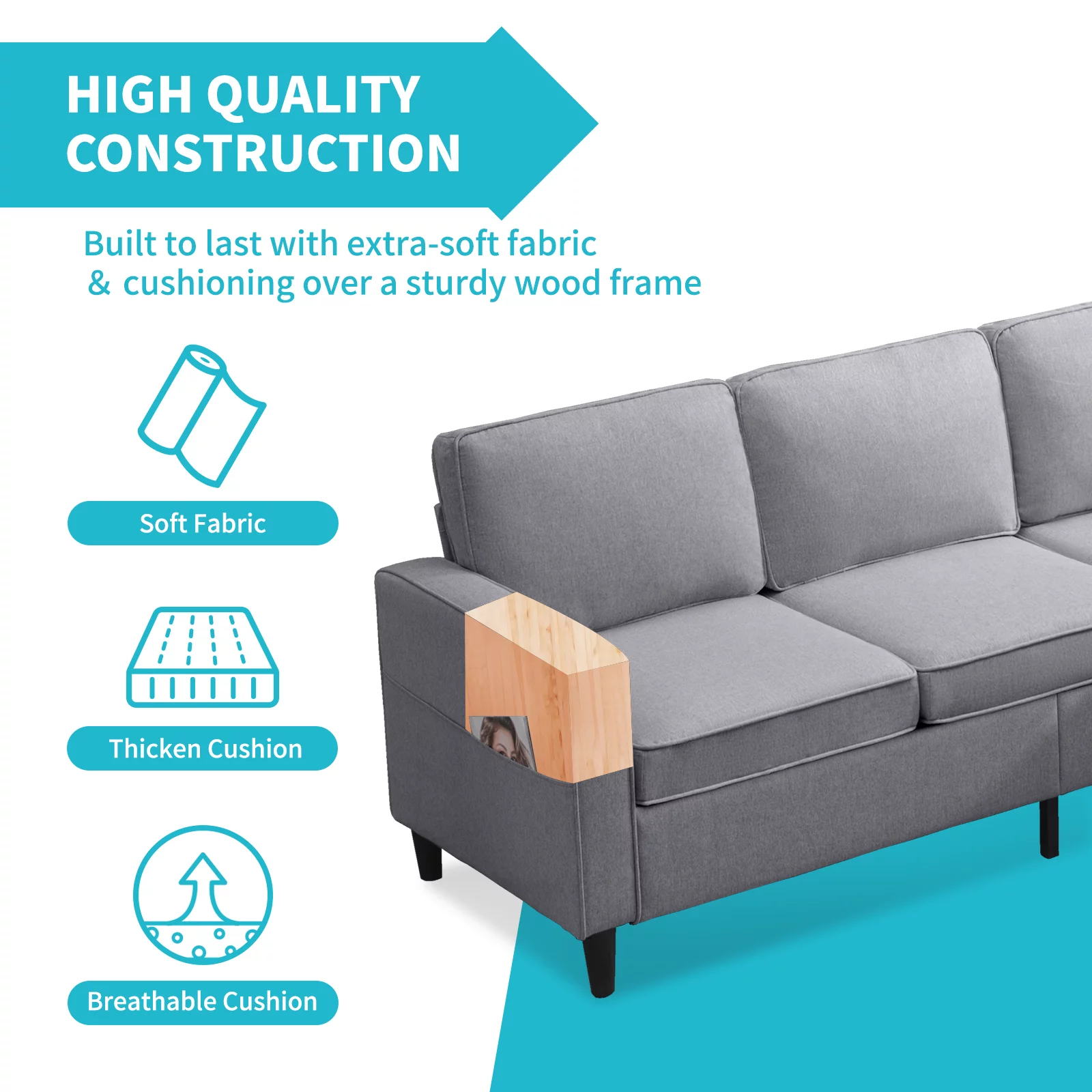 BALUS Sectional Sofa with Storage Ottoman, L-Shaped Small Sectional Sofa, Couch and Sofa Set Sectional for Living Room (Dark Gray)