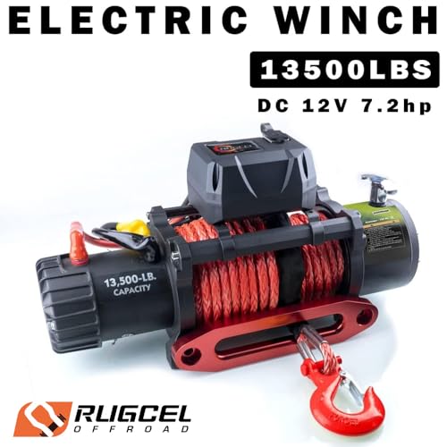 RUGCEL 13500lb Waterproof Electric Red Synthetic Rope Winch with Hawse Fairlead, Wired Handle and 2 Infrared Remote(13500LB RED)