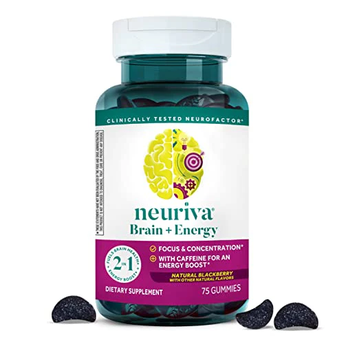 NEURIVA Brain + Energy Gummies, Nootropic Brain Supplements for Focus and Concentration with Neurofactor, Vitamin B12 & Caffeine for an Energy Boost*