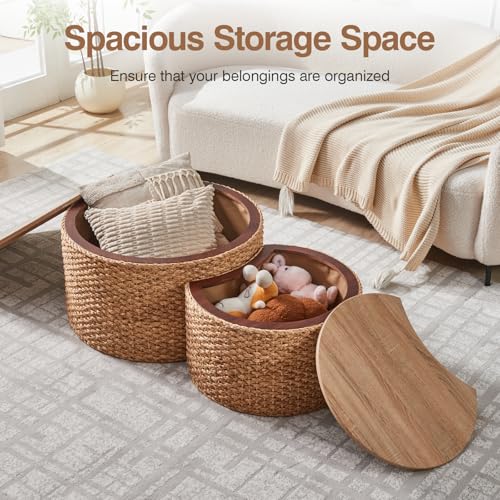 Round Nesting Coffee Table Set of 2 with Storage - Handwoven Wicker Rattan Ottoman Style, Boho Coastal Coffee Tables for Living Room