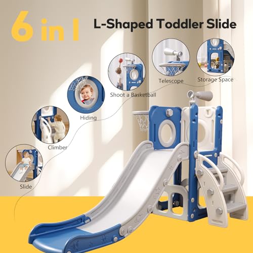 6 in 1 Toddler Playset with Slide, Kids Slide with Basketball Hoop, Ball, Ring Toss, Indoor Outdoor Toys (White Grey)
