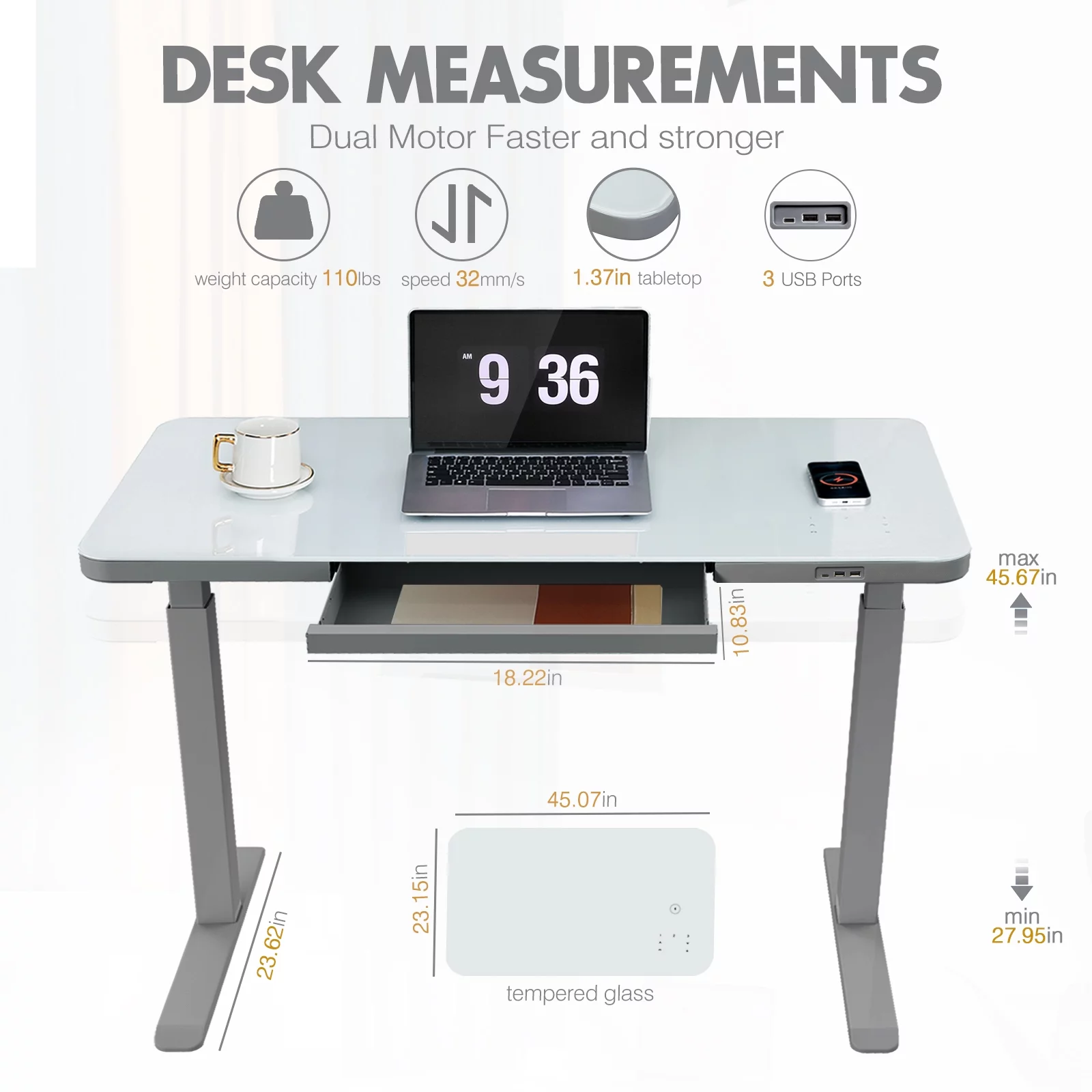 ADOFFUR 45" x 23" Dual Motor Height Adjustable Desk with Drawer,Tempered Glass Top,Wireless Charging and 3 USB Ports for Home Office - Gray