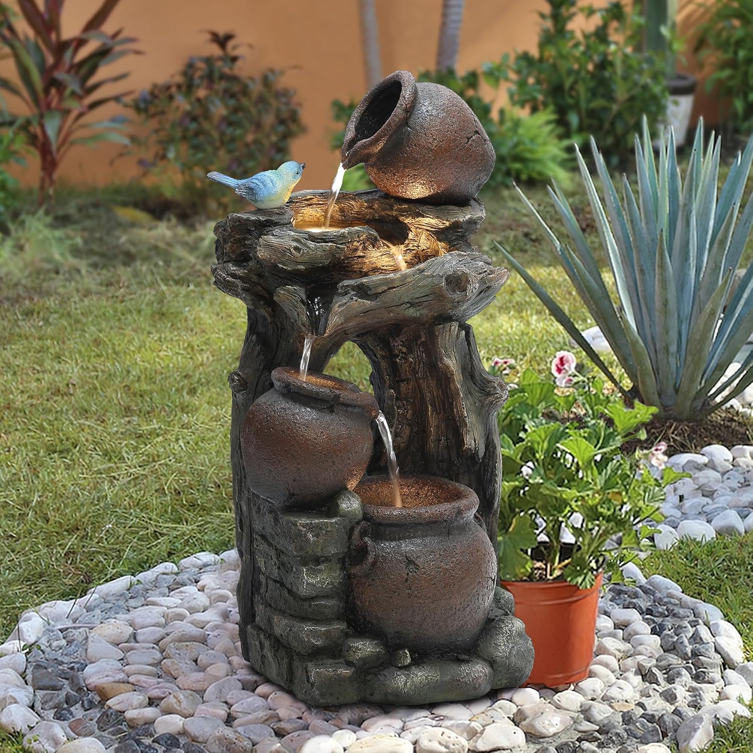 LuxenHome 25.6" Rustic Pots and Pitchers on Tree Resin Outdoor Fountain with LED Lights Fountains and Waterfalls Decor for Patio Yard Garden Water