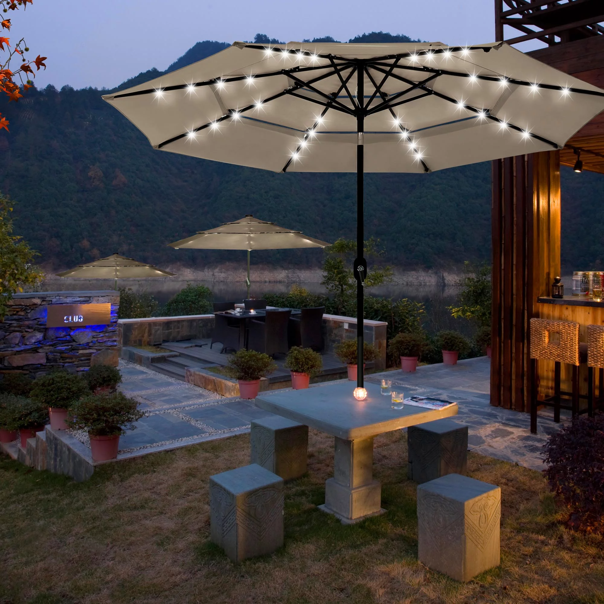 Yescom 10 Ft 3 Tier Patio Umbrella with Solar LED Crank Tilt Button Garden - Radiant Selections