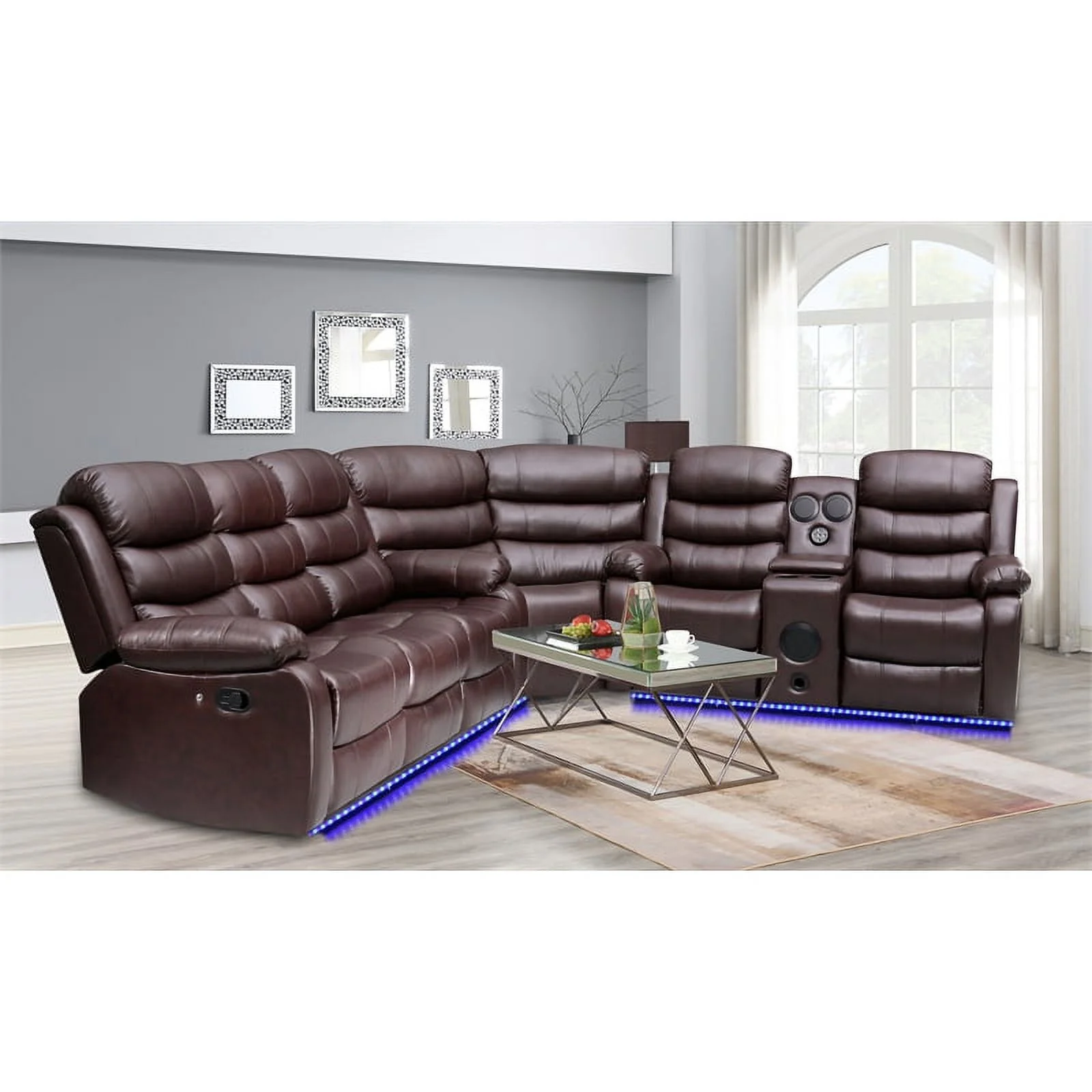 Donivi LED Faux Leather Reclining Sectional in Brown