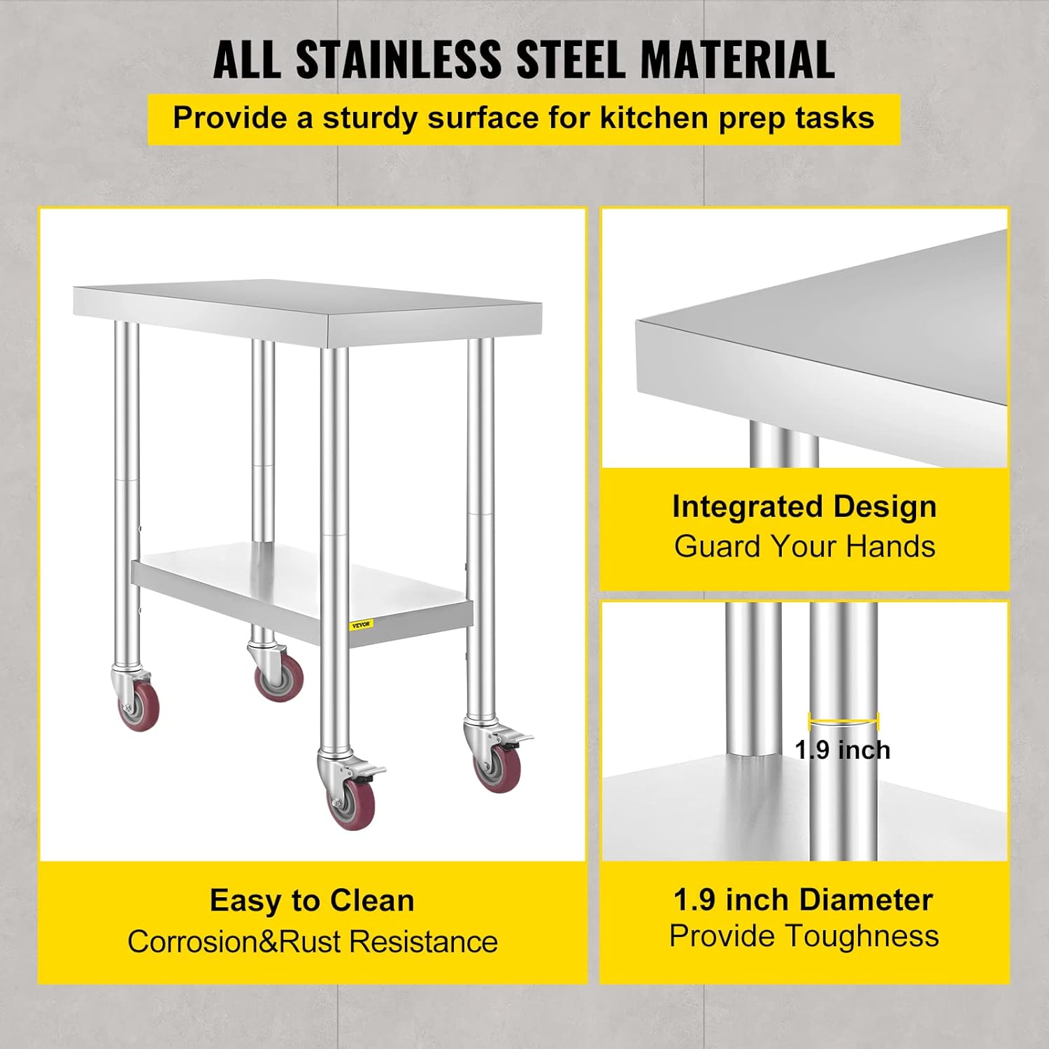 Mophorn Stainless Steel Work Table with Wheels 24 x 30 Prep Table with casters Heavy Duty Work Table for Commercial Kitchen Restaurant Business (24 x