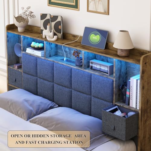 LED Bed Frame Full Size with Bookshelf Headboard, 2 Hidden Storage Drawers, Upholstered Platform Metal Bed Frame with Charging Station