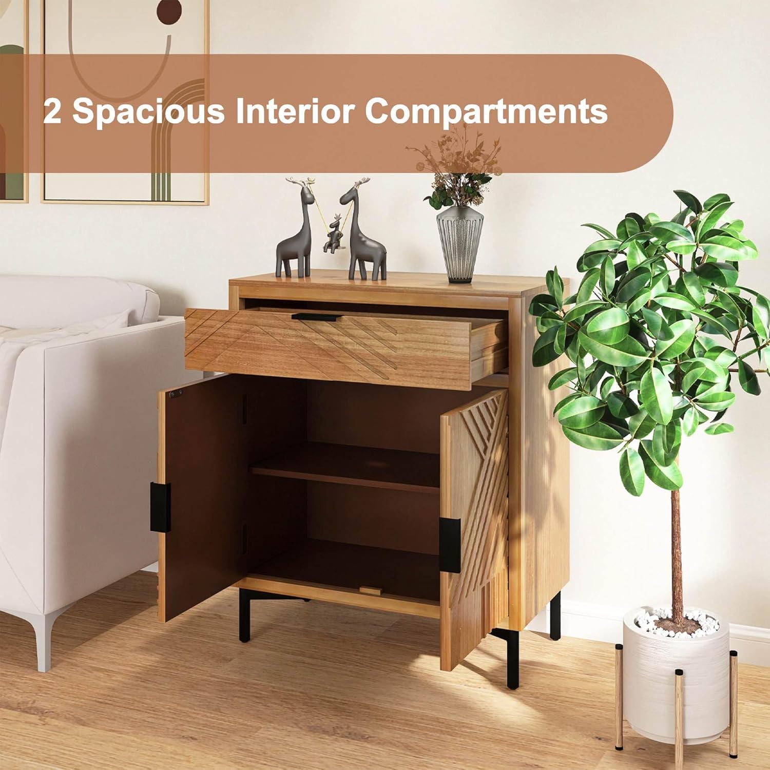 Hand-Carved Sideboard Buffet Cabinet, Storage Cabinet with 1 Drawer and 2-Doors, MDF Buffet Cabinet with Storage