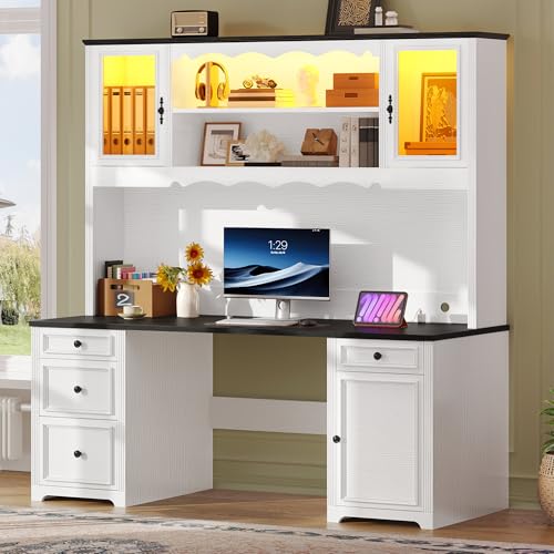 YITAHOME Executive Desk with Hutch and Drawers, Farmhouse Wood Computer Desk with Power Outlet & LED Lights, Home Office Desks with Storage Shelves