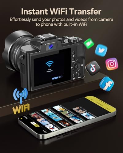8K Digital Camera for Photography, 88MP Autofocus WiFi Vlogging Camera for YouTube Video with Front and Rear Lens, Flash, Touch Screen, Lens Hood