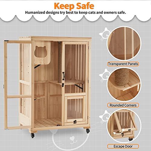 MCombo Luxury Cat House with Scratching Post, Wooden Multi Feature Large Cat Condo with Escape Door and Wheels