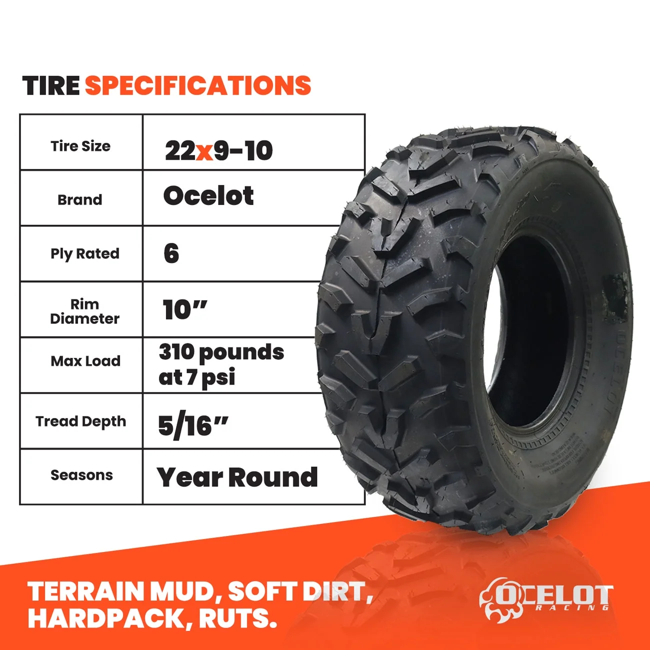 22 x 9 - 10 Ocelot P367 ATV Tire